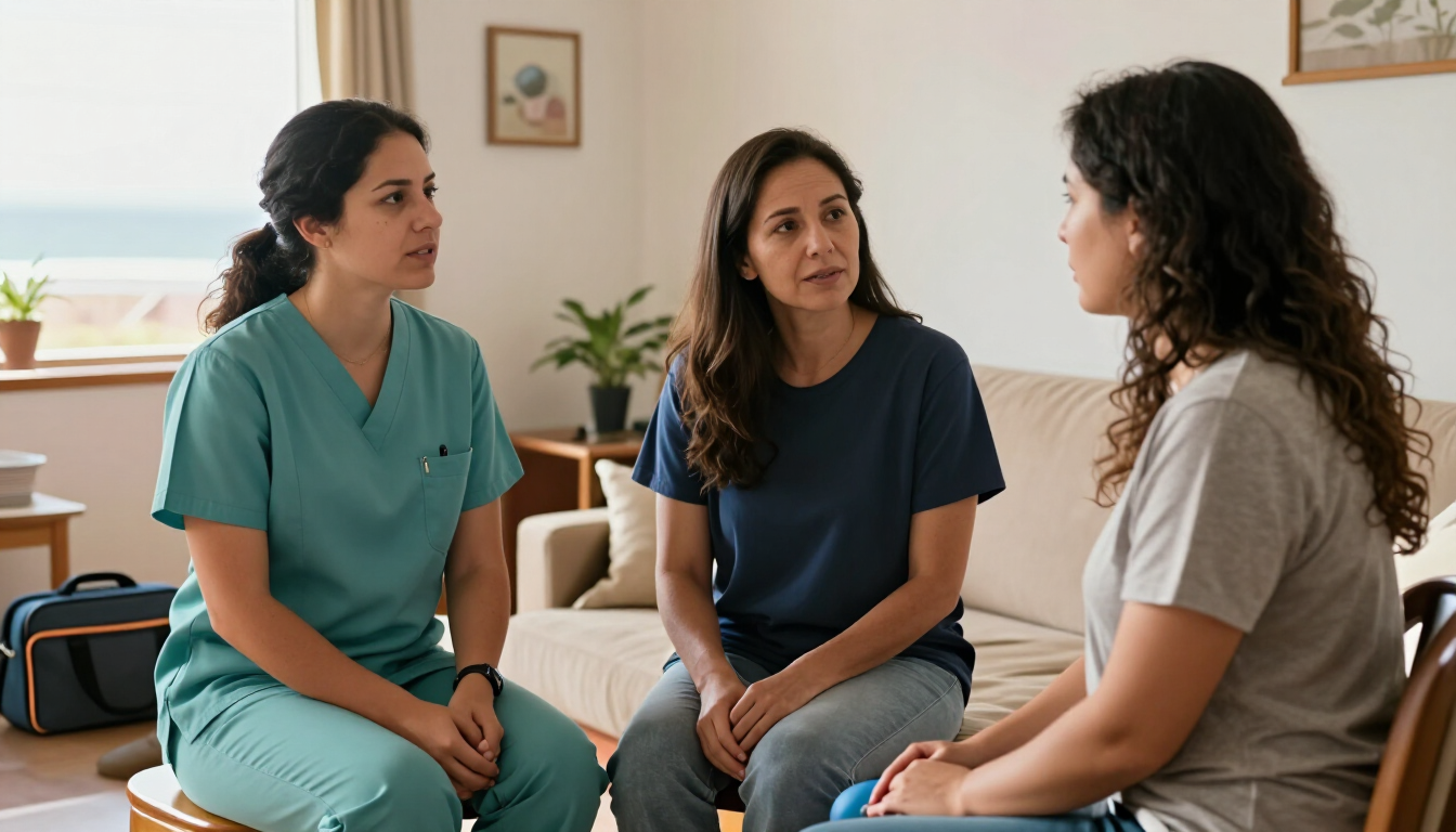 Tres personas conversan sentadas en un sofá y una silla en una sala de estar.