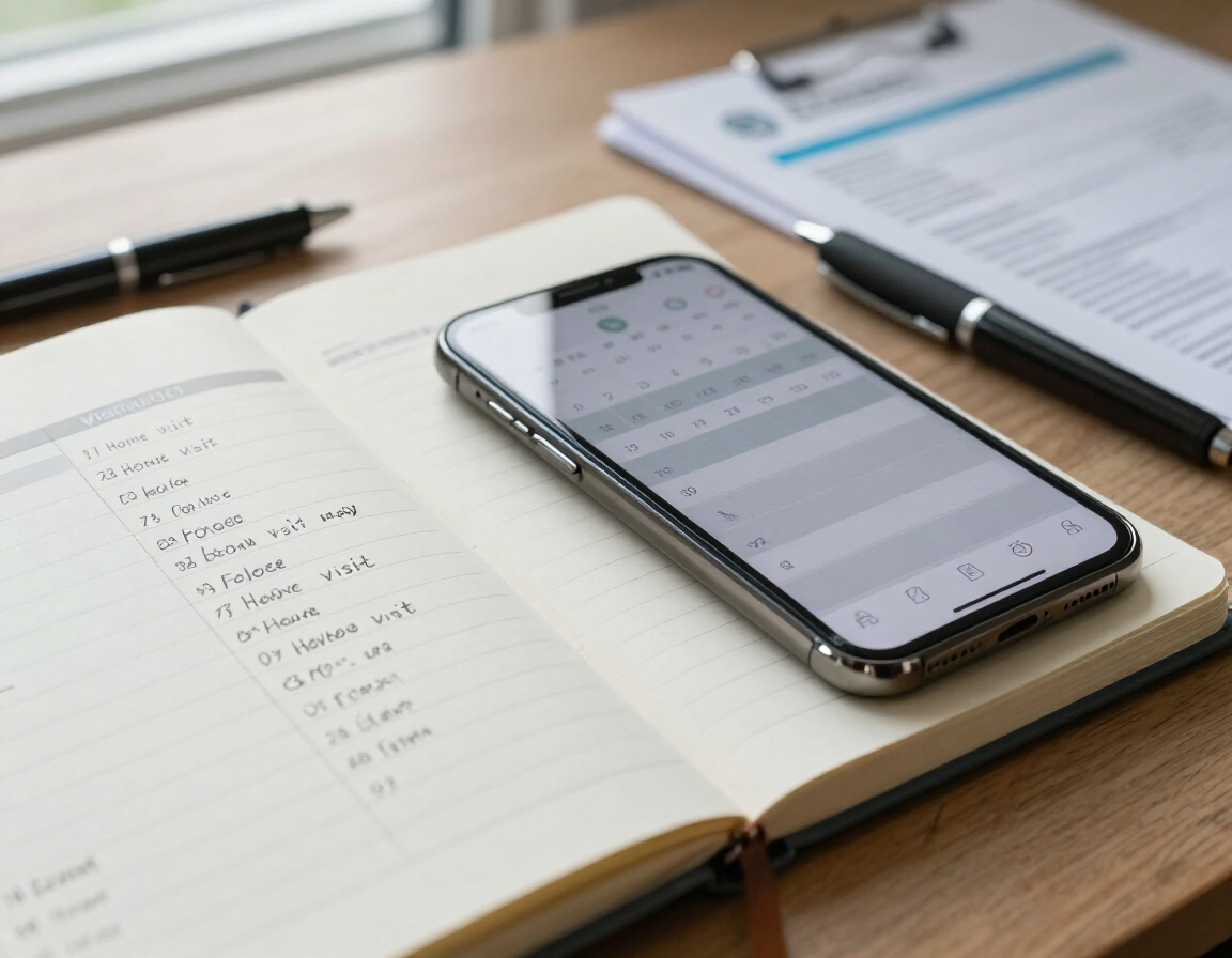 Un smartphone sobre un cuaderno abierto, junto a un bolígrafo y unos papeles, en un escritorio