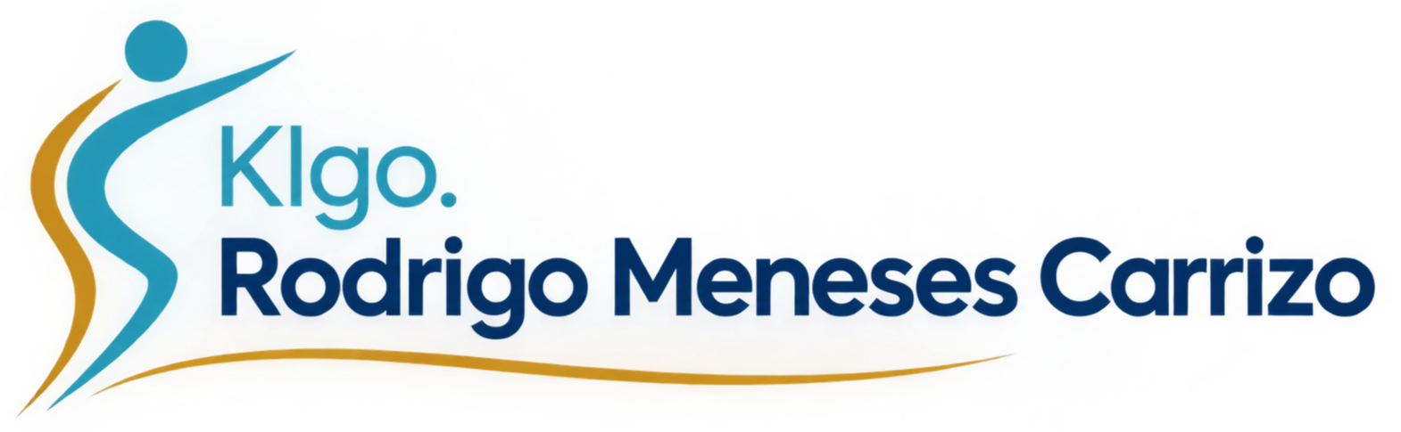 Logotipo para «Klogo. Rodrigo Meneses Carrizo» en azul y dorado, con una figura estilizada y una línea curva