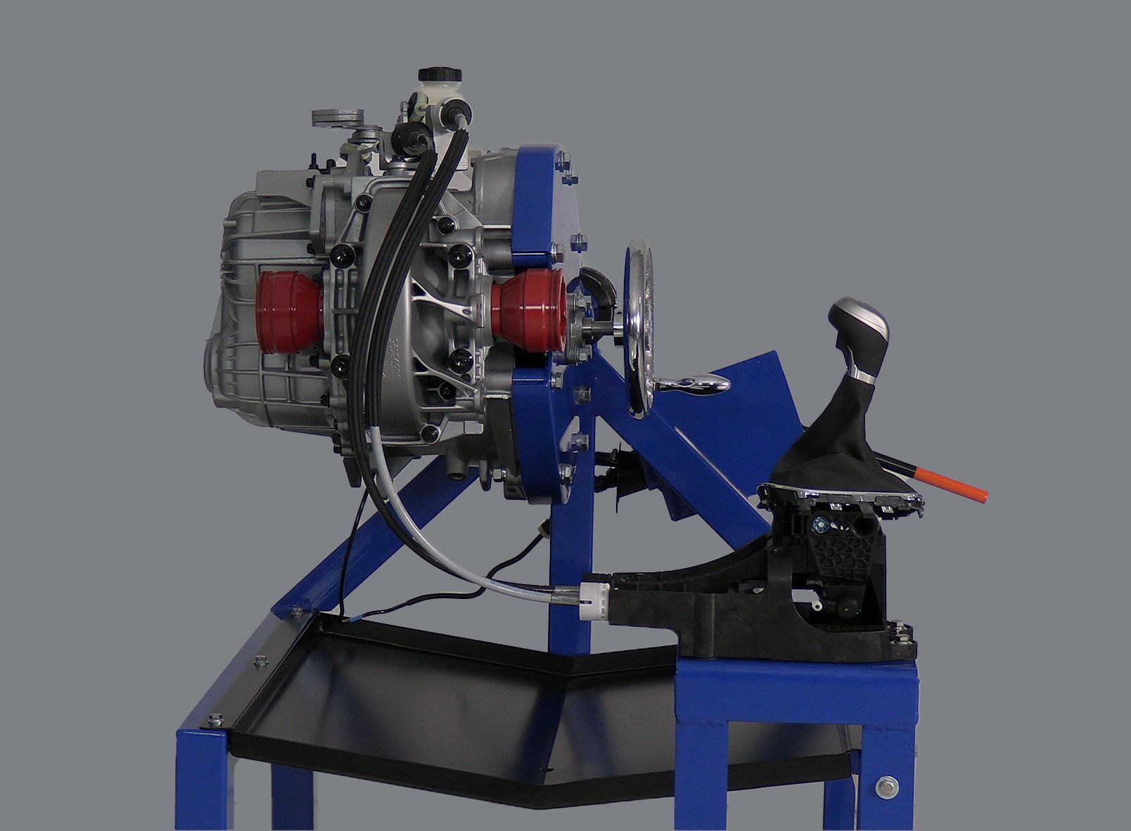 A machine is sitting on top of a blue table