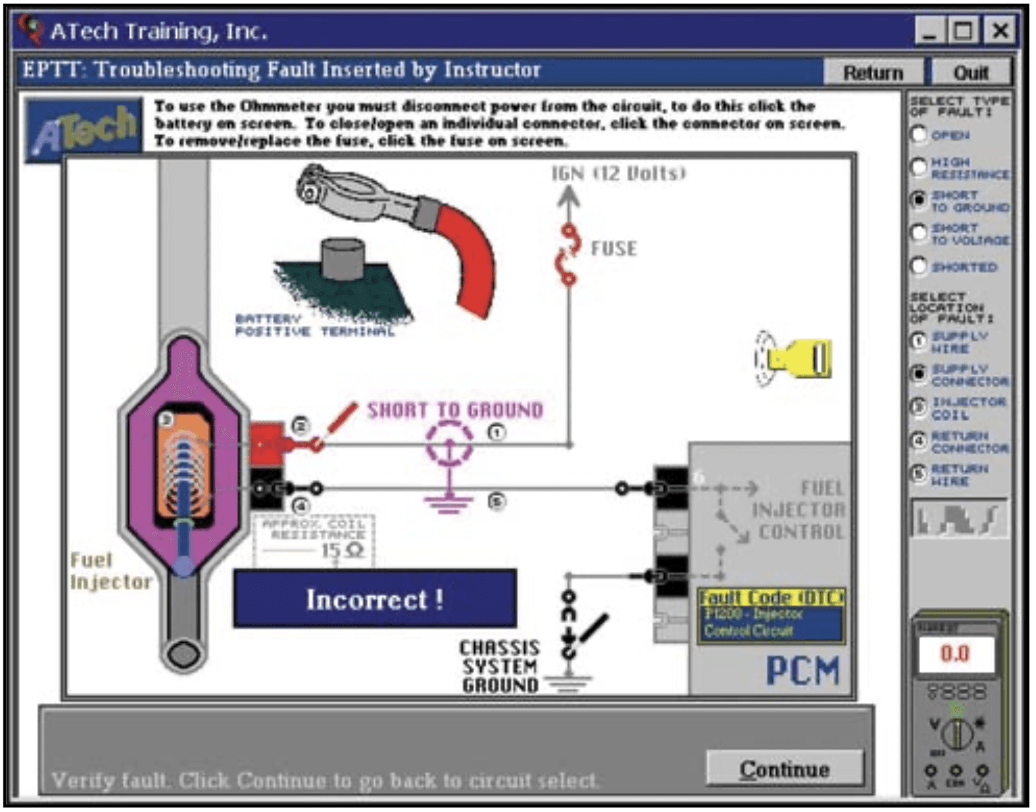 A computer screen shows a troubleshooting fault imported by instructor