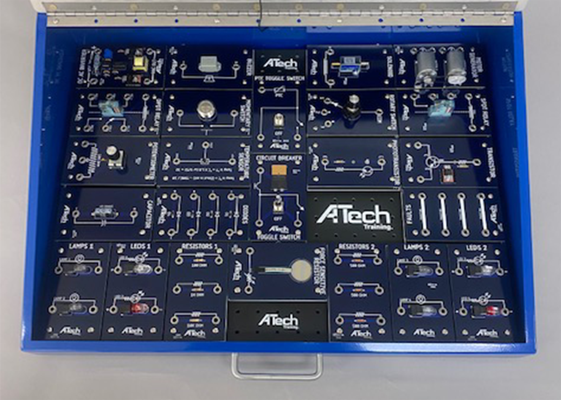 A blue drawer filled with a bunch of electronics and the word atech on it