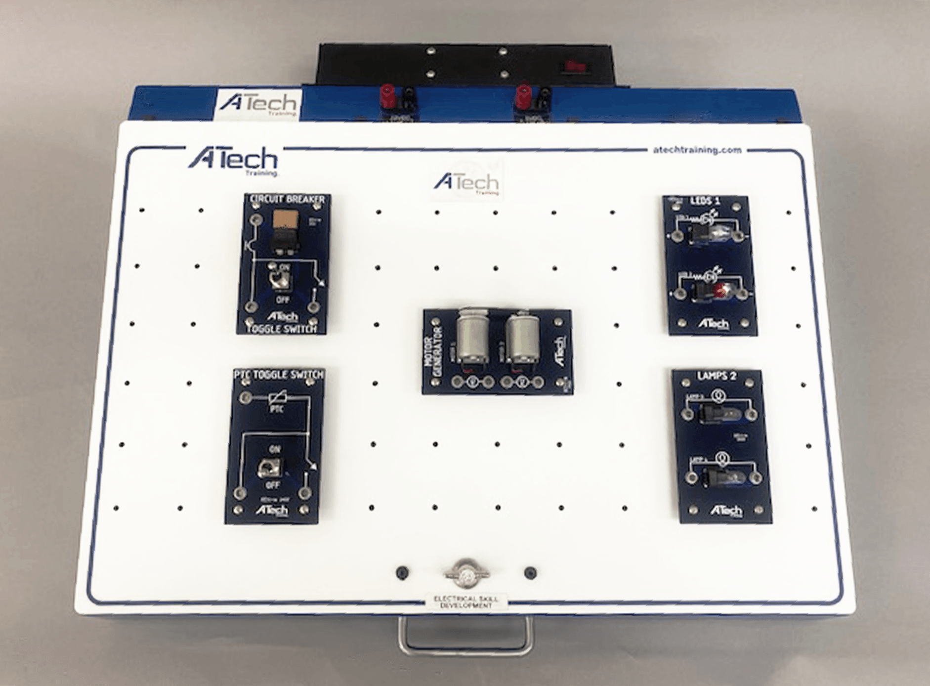 A white board with a blue border that says atech on it