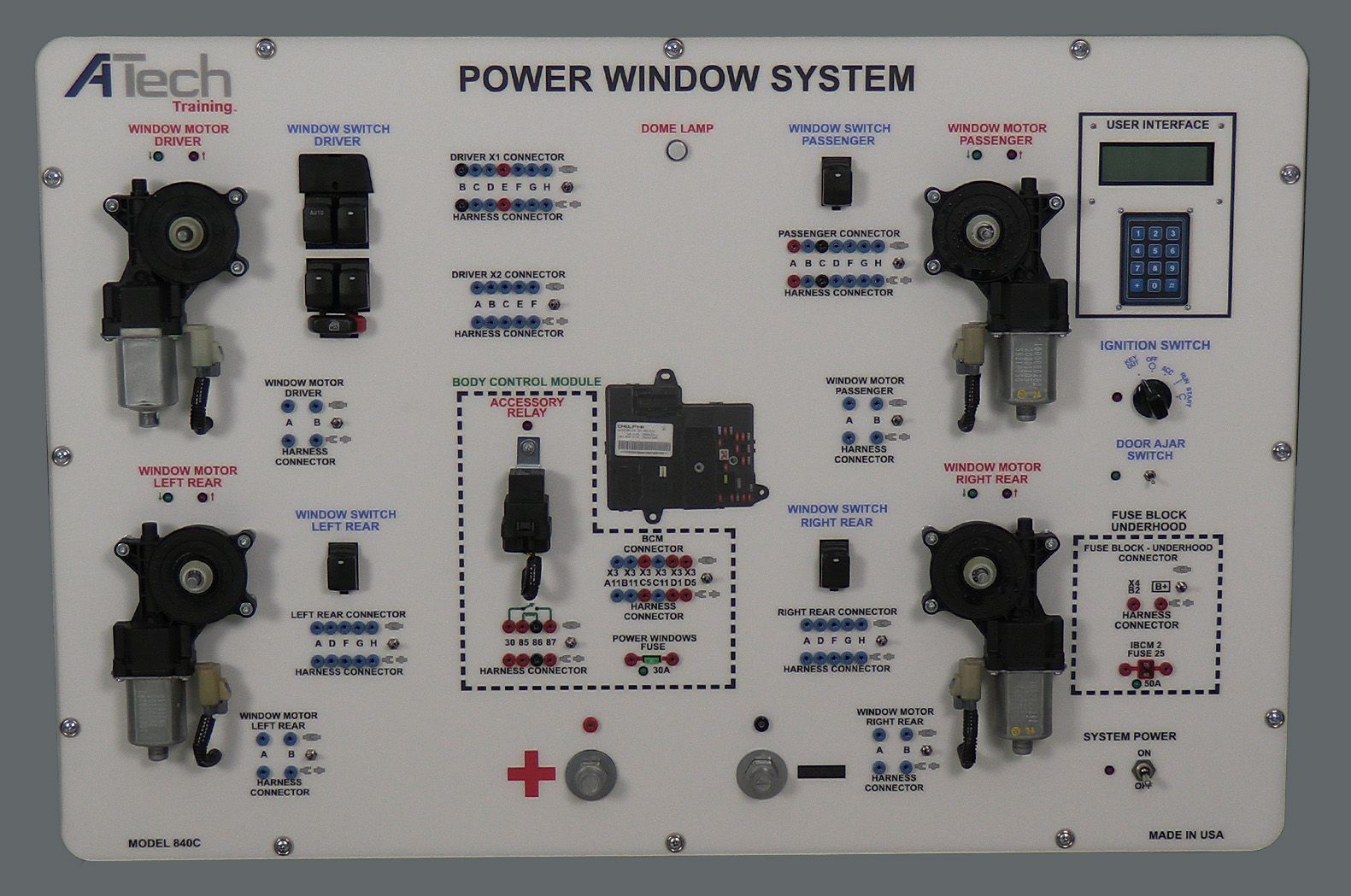 A tech power window system is shown on a white board
