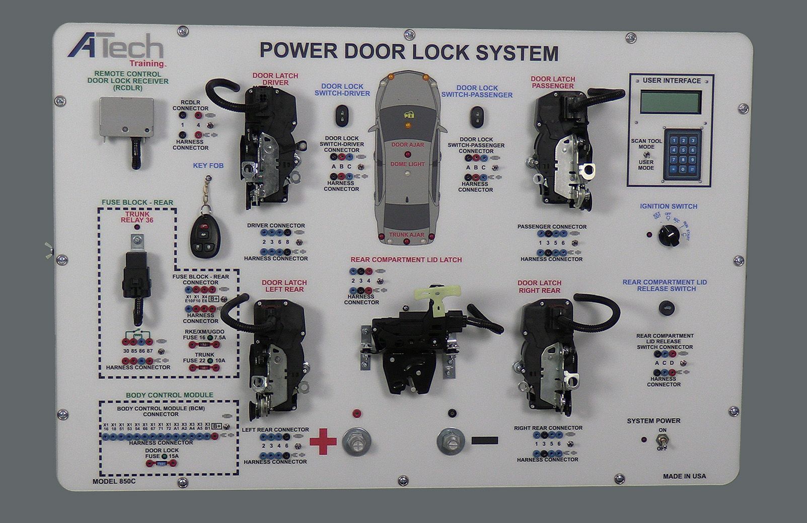 A tech power door lock system is displayed on a white board
