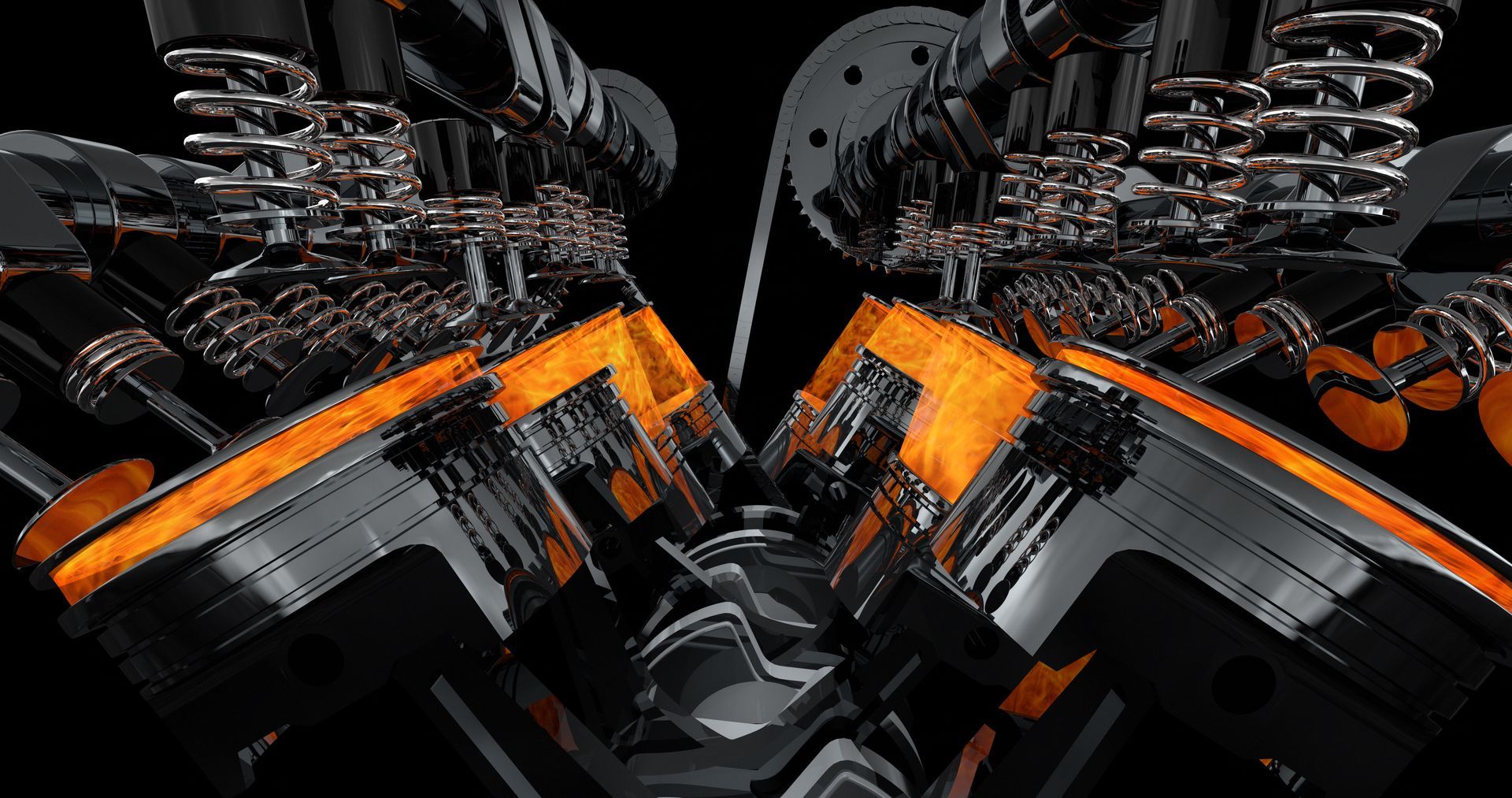 A close up of a motorcycle engine with flames coming out of it.