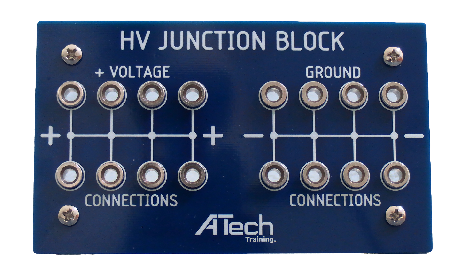 A blue atech junction block with voltage and ground connections