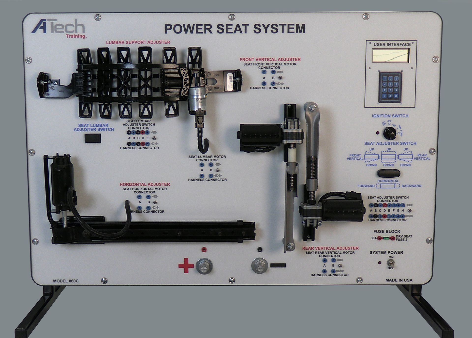 A tech power seat system is shown on a white board