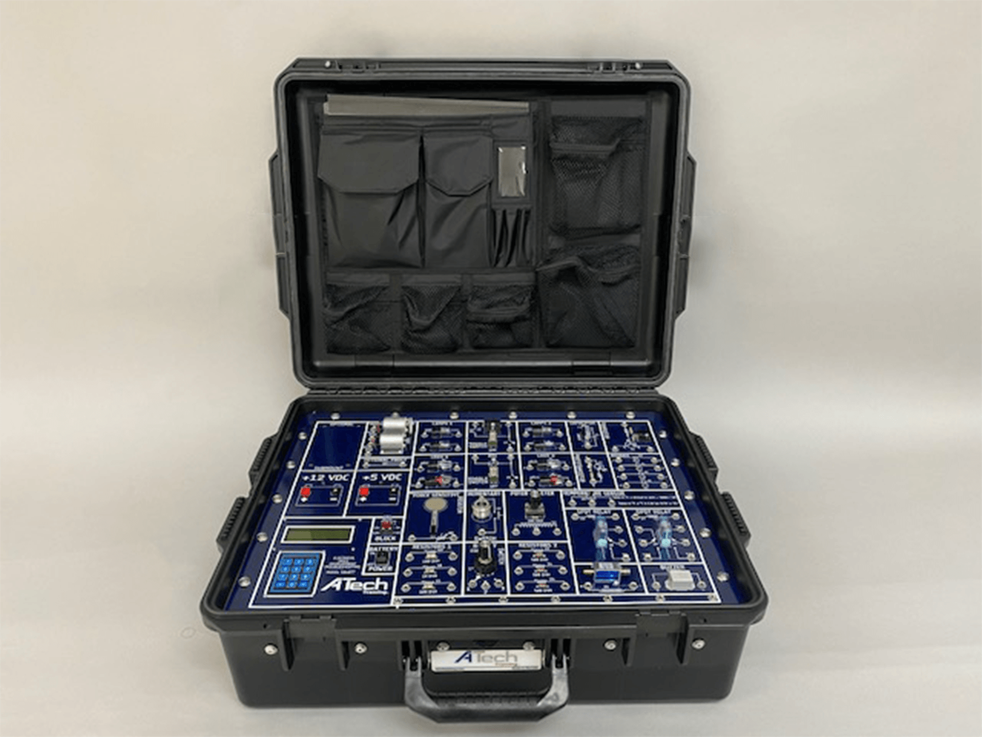 A black briefcase with a maze inside of it