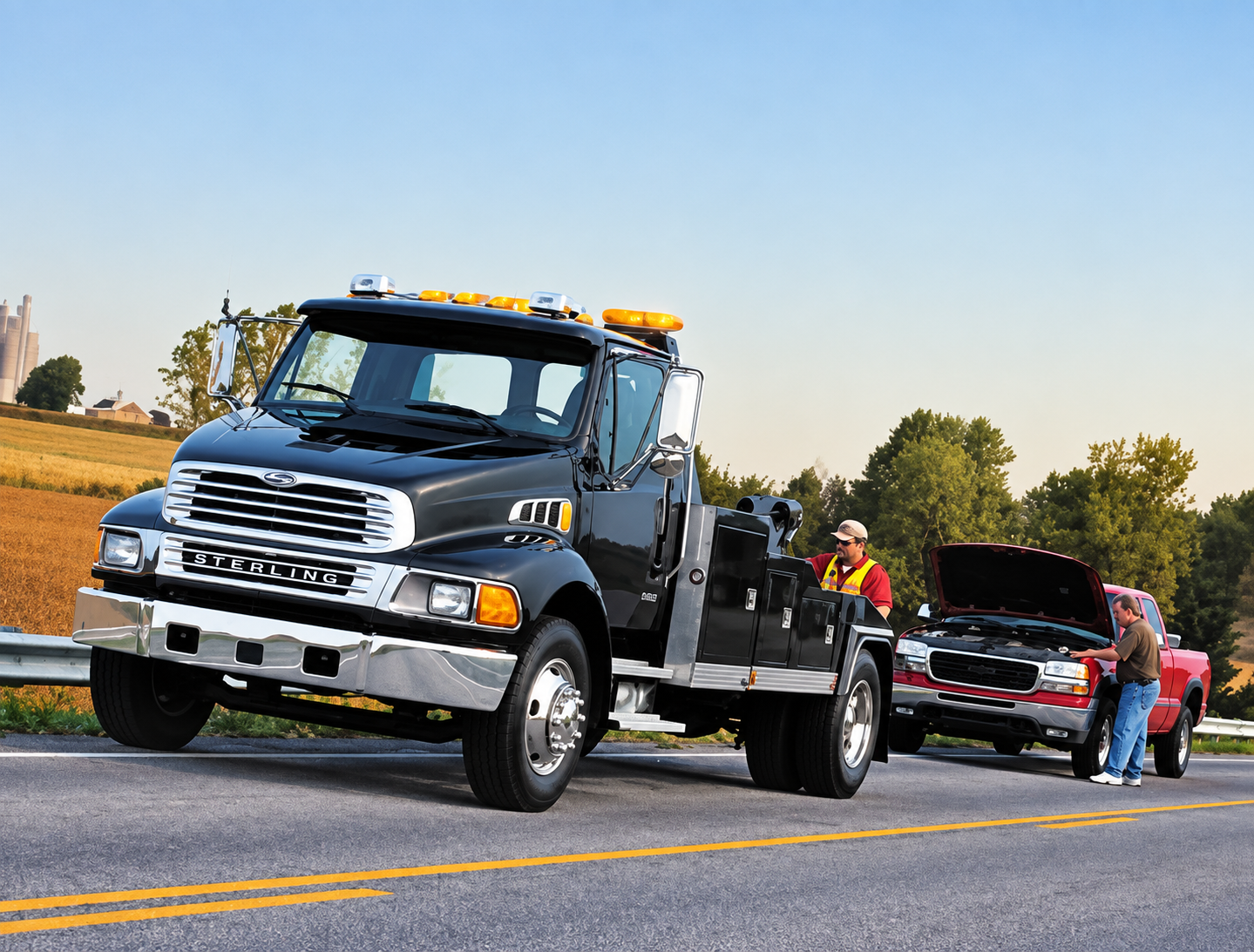 Tow truck hauling a broken-down black SUV on a roadside with two workers nearby