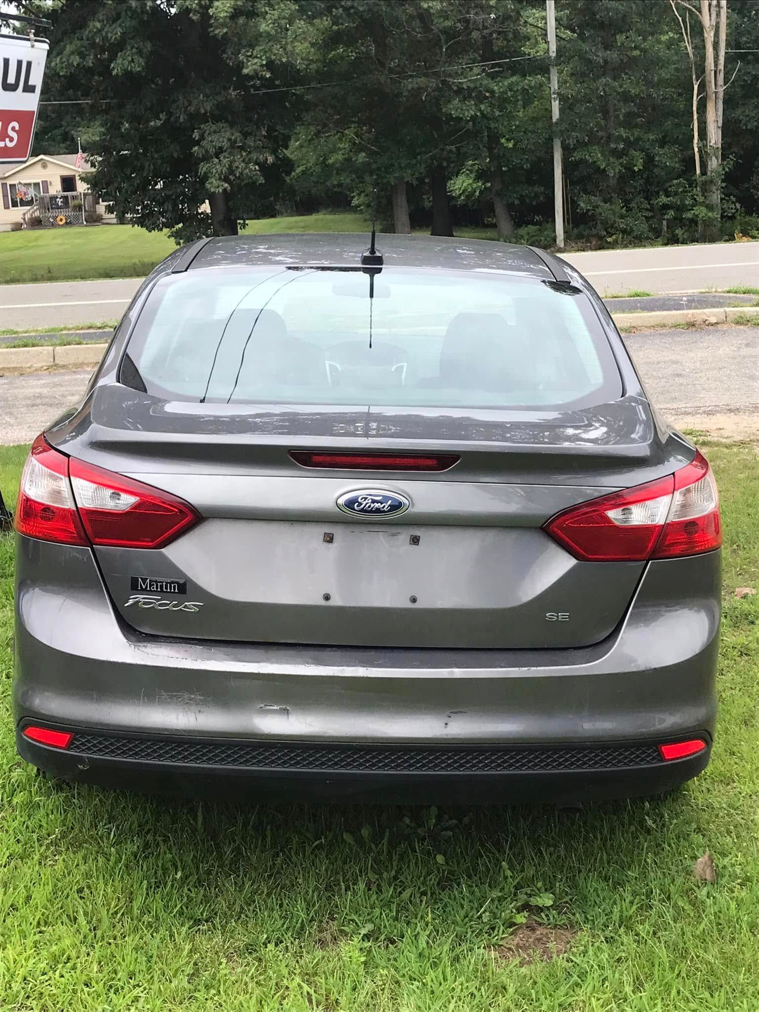 Rear view of a gray sedan parked on grass near a wooded roadside.