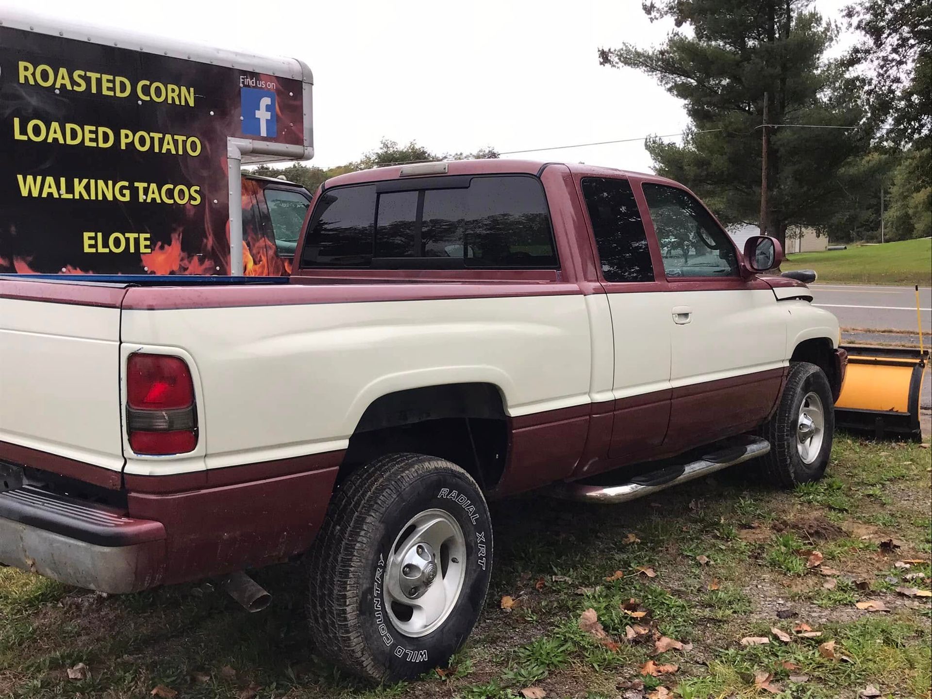 Two-tone pickup truck parked beside a roadside food sign listing roasted corn, loaded potato, walking tacos, and elote