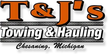T&J’s Towing & Hauling logo with orange and black text, Chesaning, Michigan