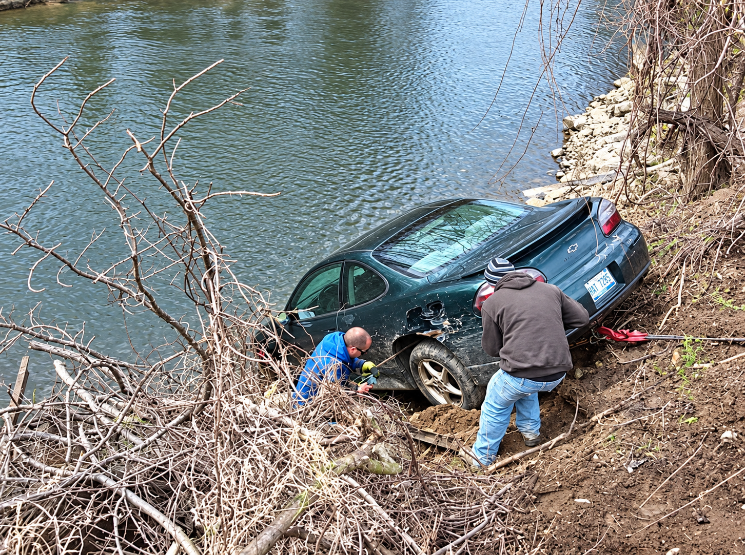 Tow truck hauling a broken-down black SUV on a roadside with two workers nearby