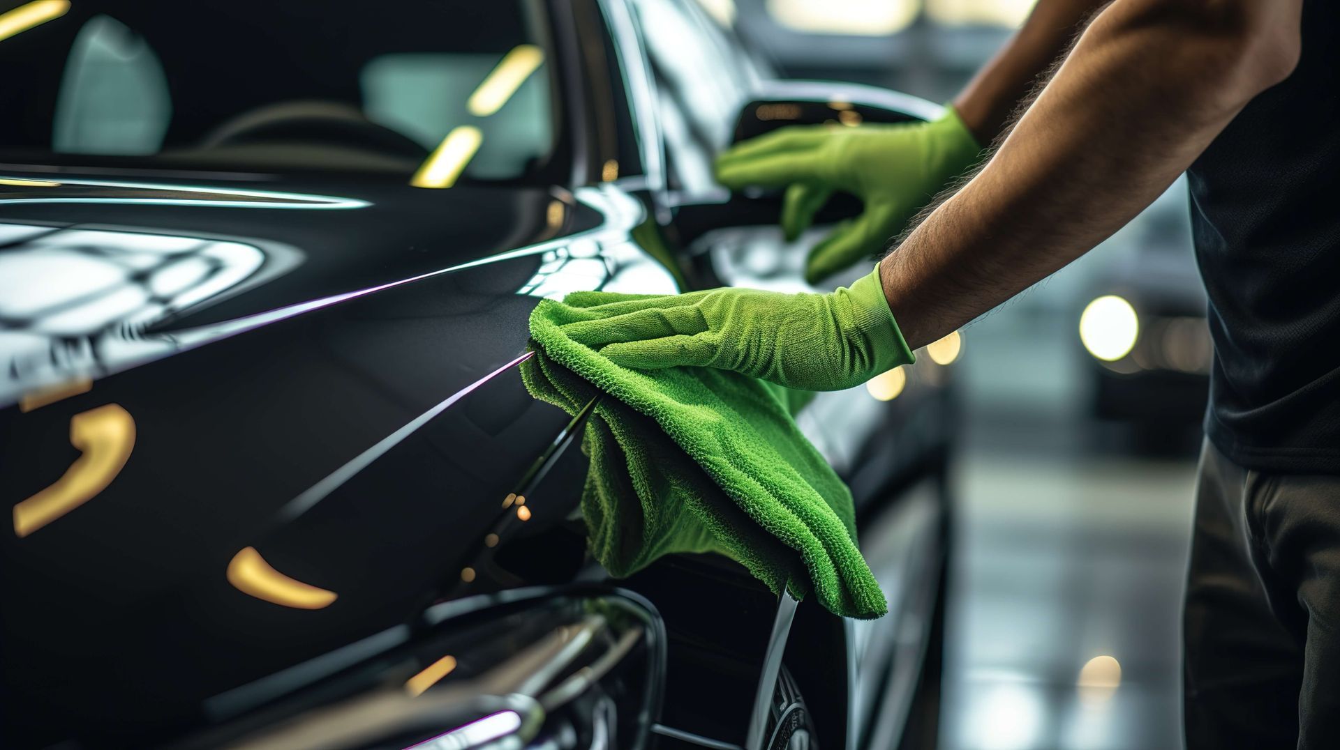 detailing black car quarter panel with  green microfiber