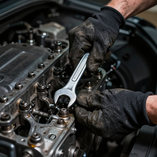 Gloved mechanic tightening an engine bolt with a wrench inside a car engine bay