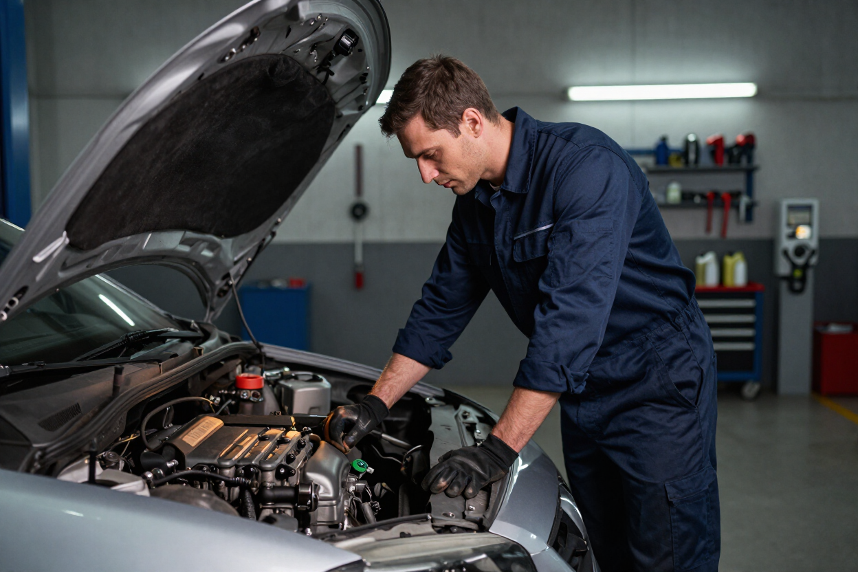 Mechanic inspecting a car engine in a garage with the hood open