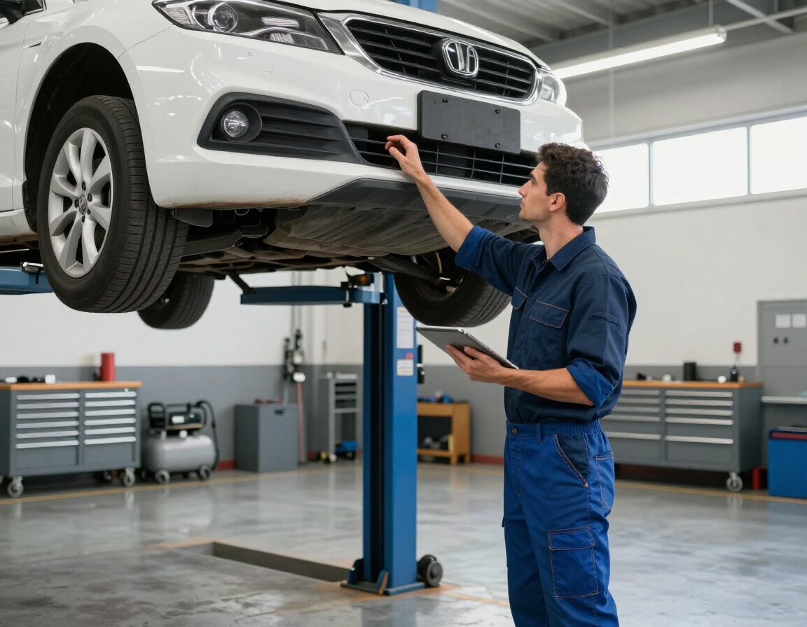 Mechanic inspecting a white car lifted in an auto repair shop