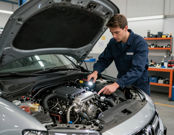 Mechanic inspecting a car engine in a garage with the hood open