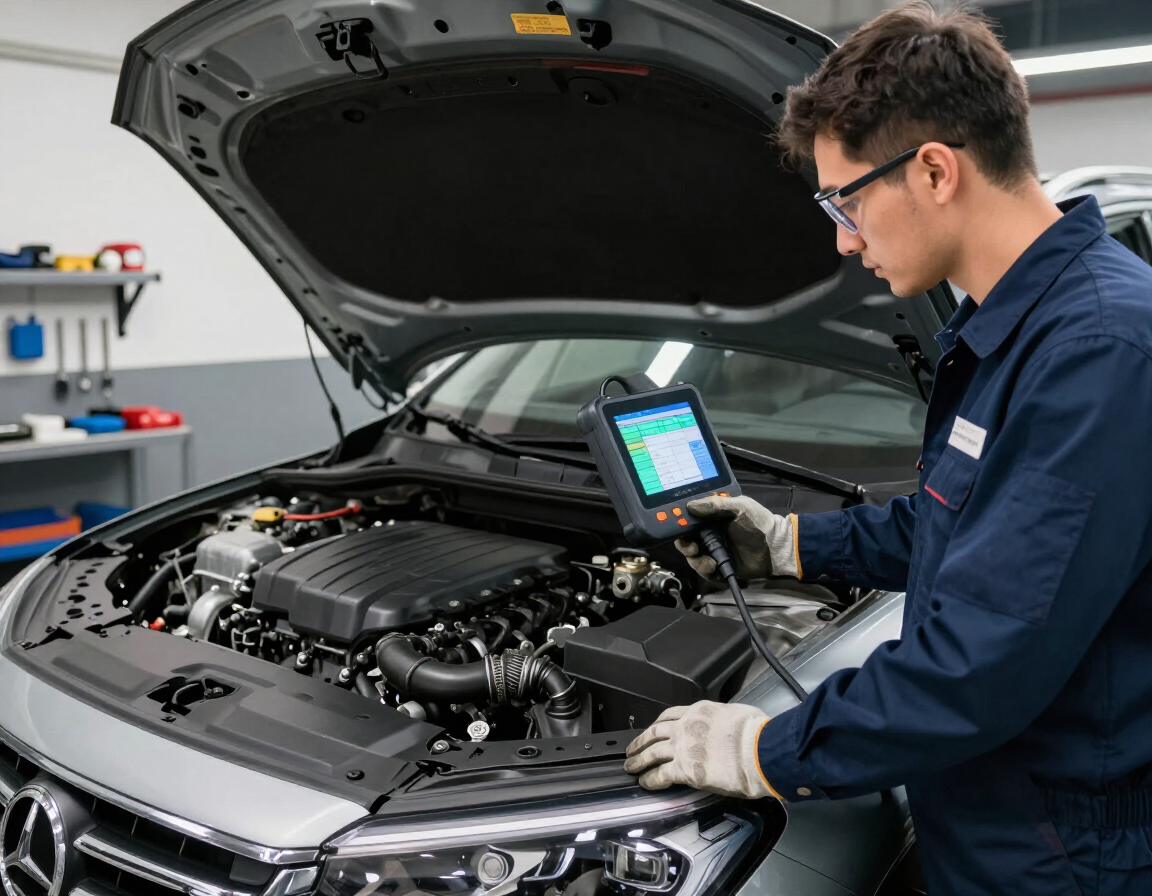 Mechanic inspecting a car engine with a diagnostic tablet in an auto shop