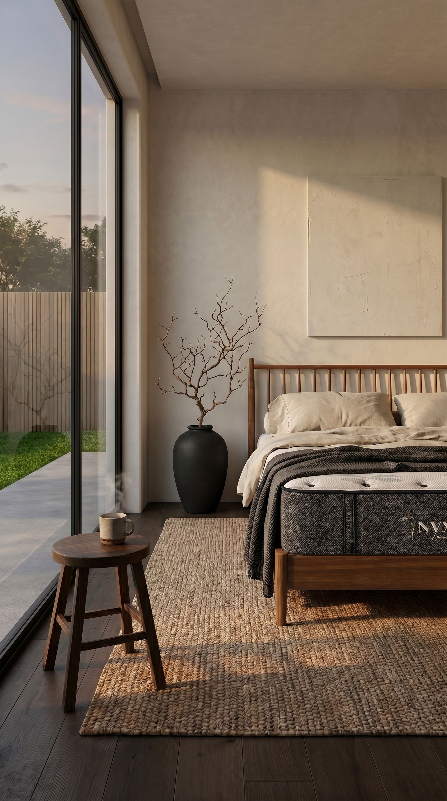 Sunlit minimalist bedroom with a bed, stool, vase, and floor-to-ceiling window by a grassy yard