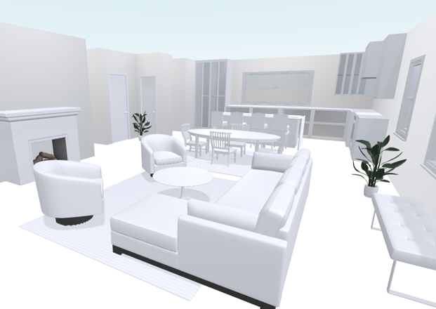 A bright, white, open-concept living space with furniture and kitchen area.