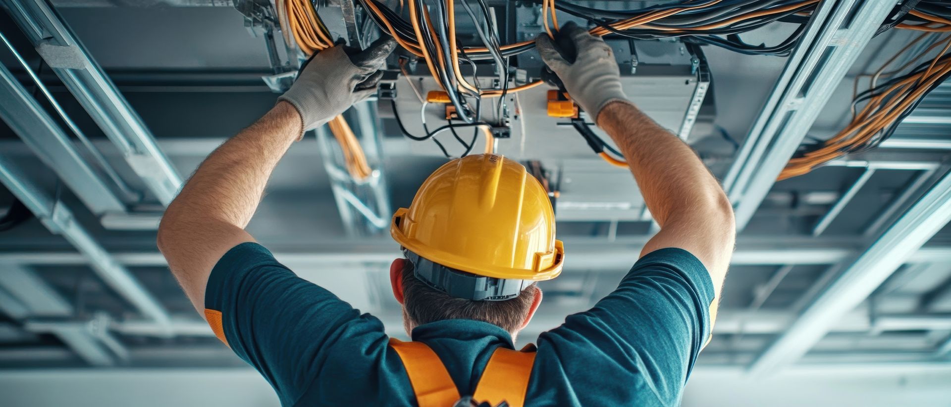 An electrician is wiring overhead cable trays that contain orange cables.