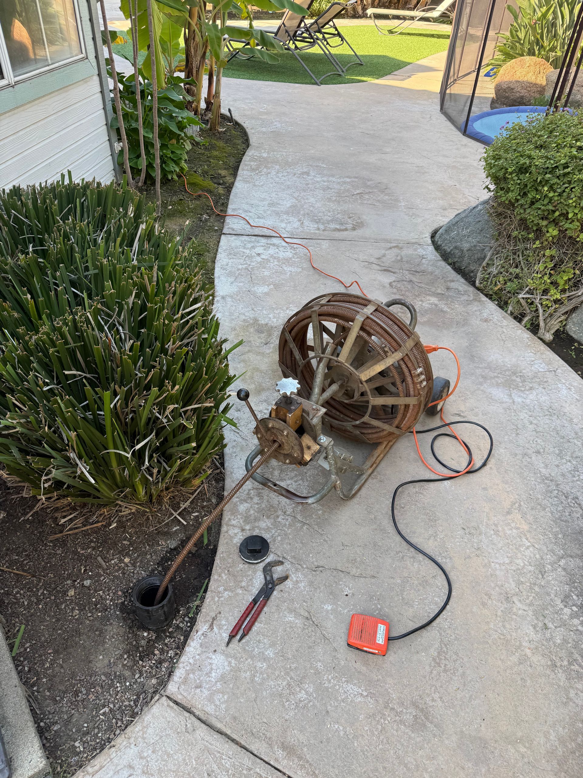 A drain cleaning machine sits on a concrete path next to a bush, with a cable extending into an open ground pipe.