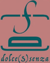 Logo con una “f” stilizzata color verde acqua e l’icona di un vassoio sopra la scritta “dolce(s)senza” su uno sfondo rosa