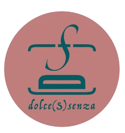 Logo circolare rosa con un’icona turchese di un dessert e la scritta “dolce(s)senza”