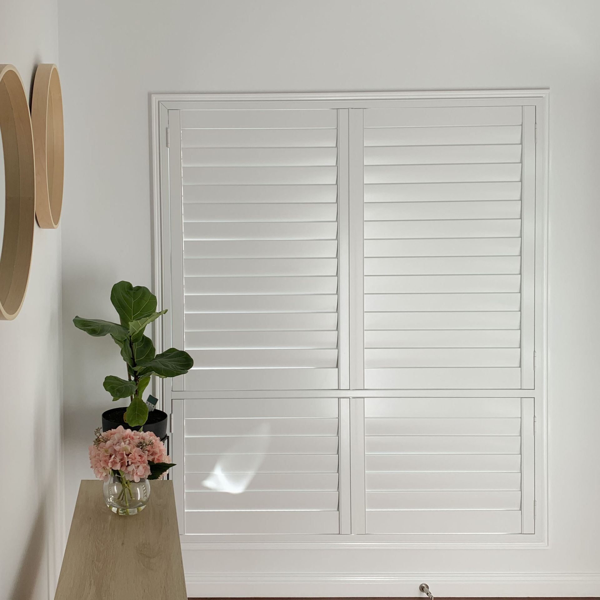Light Roller Shutters Curtains Mounted On A Dark Window — Plantation Shutters in Mackay, QLD