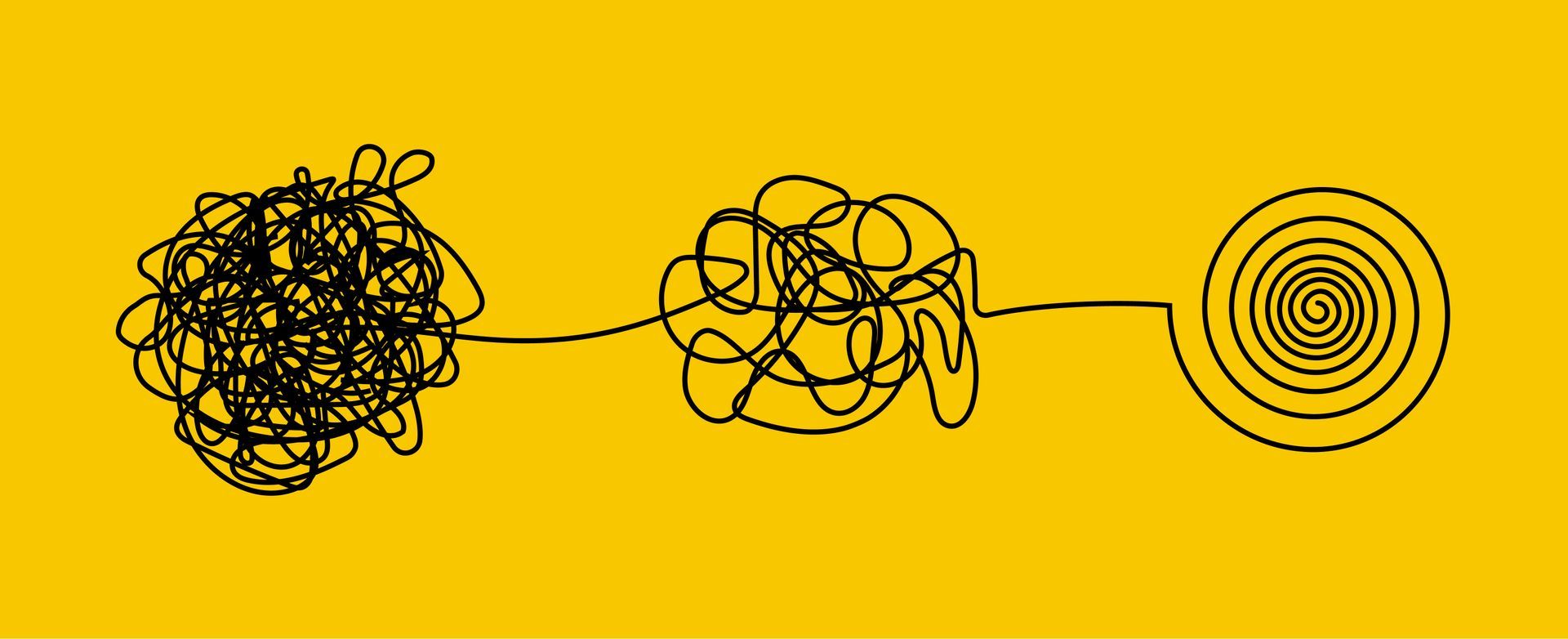 Three black line doodles on a yellow background: tangled scribble, looping knot, and concentric spiral.