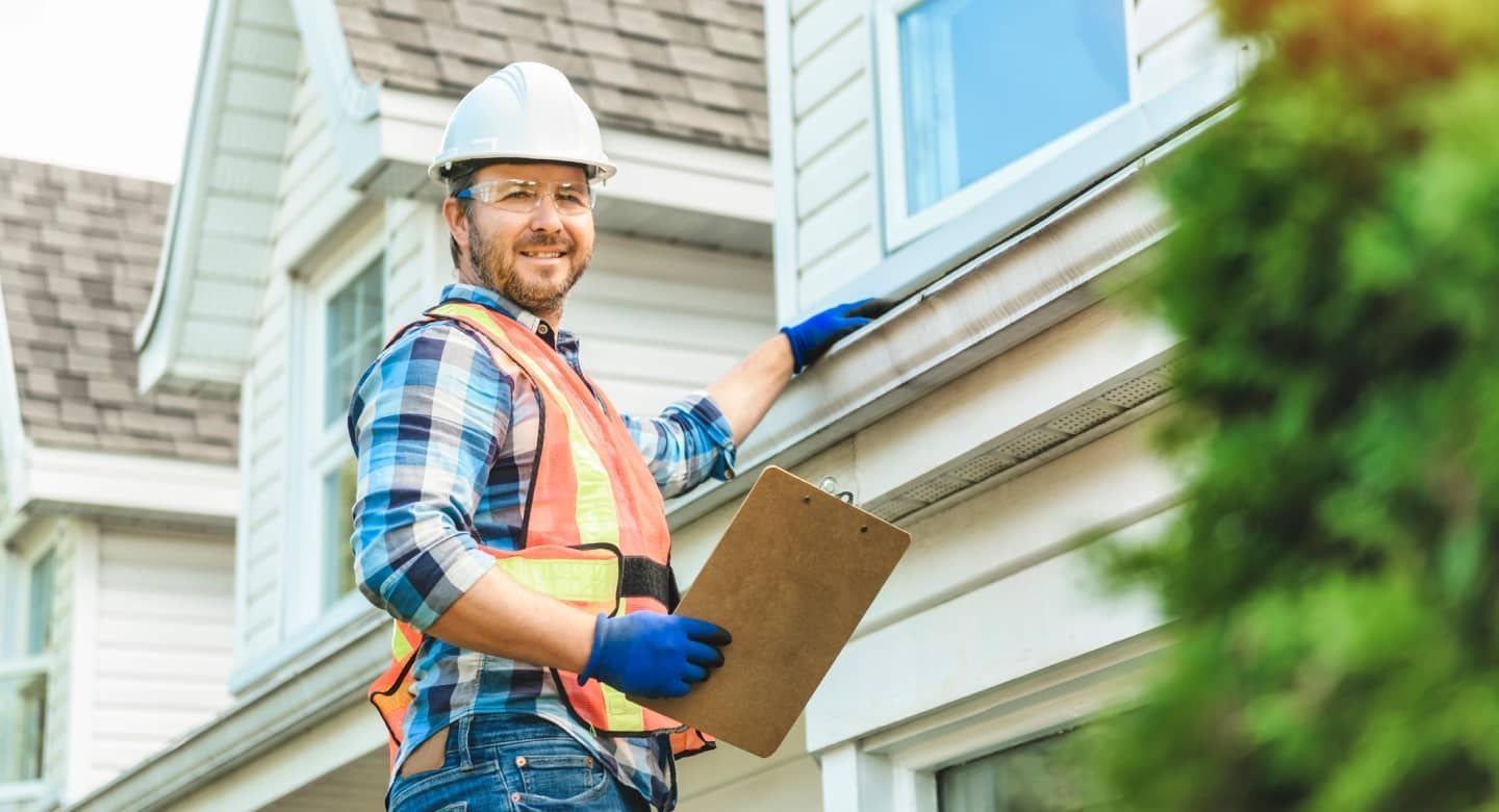 Worker in hard hat holding a clipboard beside a house exterior, inspecting siding and windows.