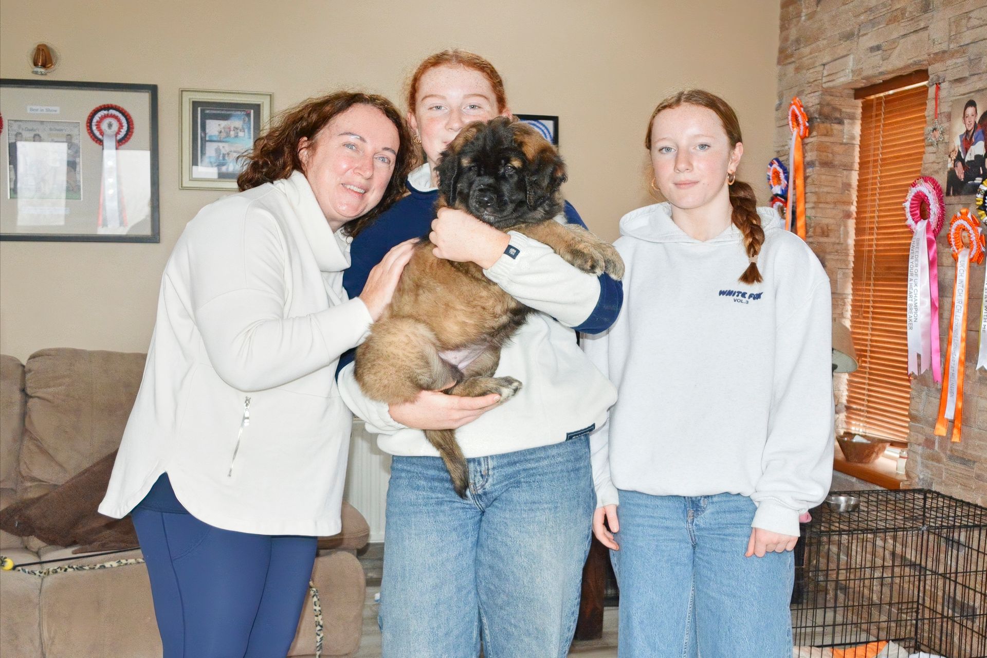 Three people smiling with a brown fluffy puppy indoors; ribbons on wall.