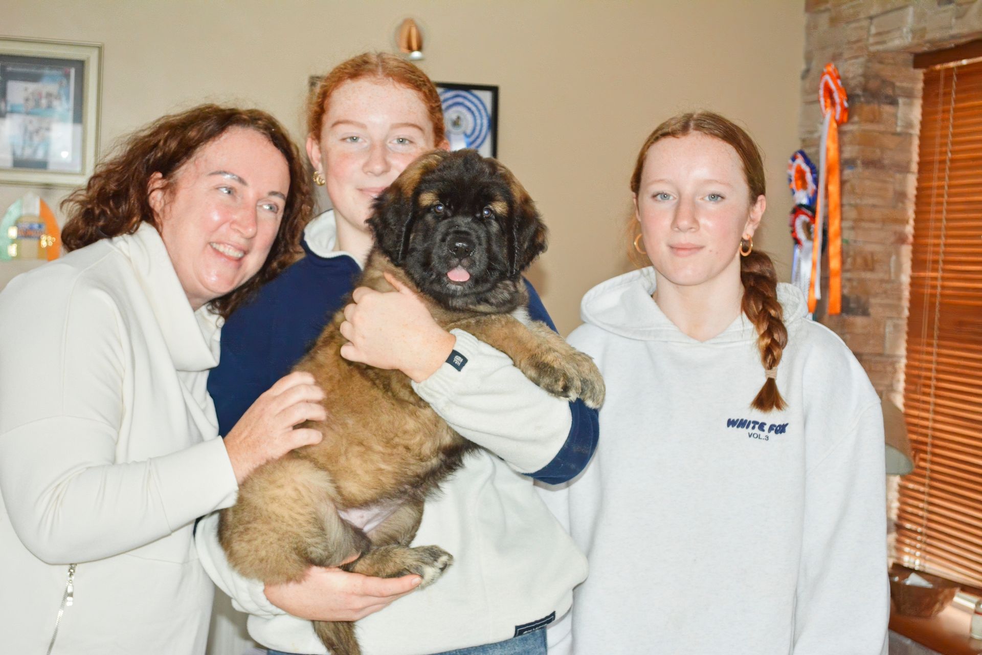 Three people and a large, brown puppy indoors; one person holds the dog.