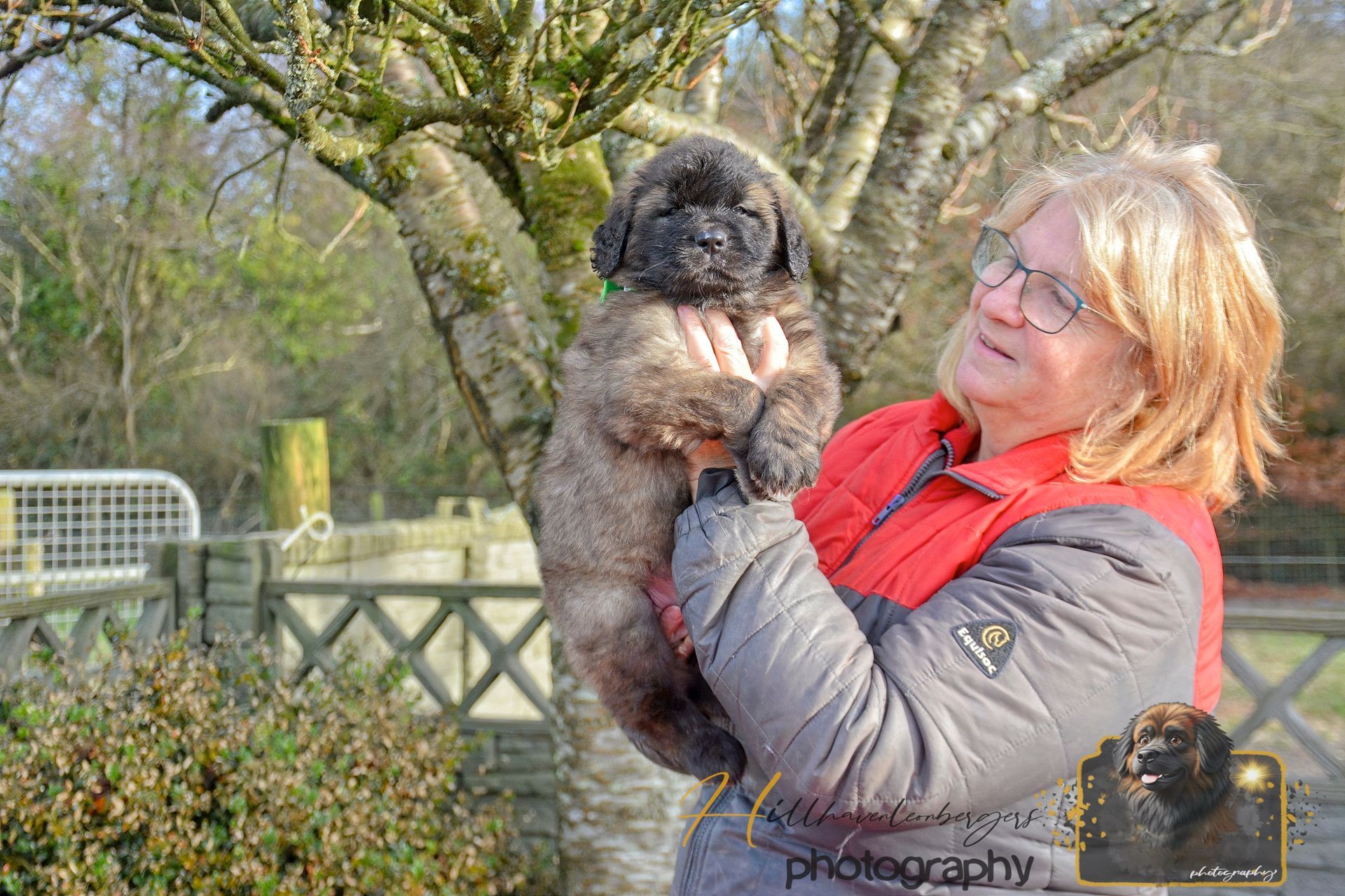 Woman in a red jacket holding a small fluffy dog outdoors near a fence and trees