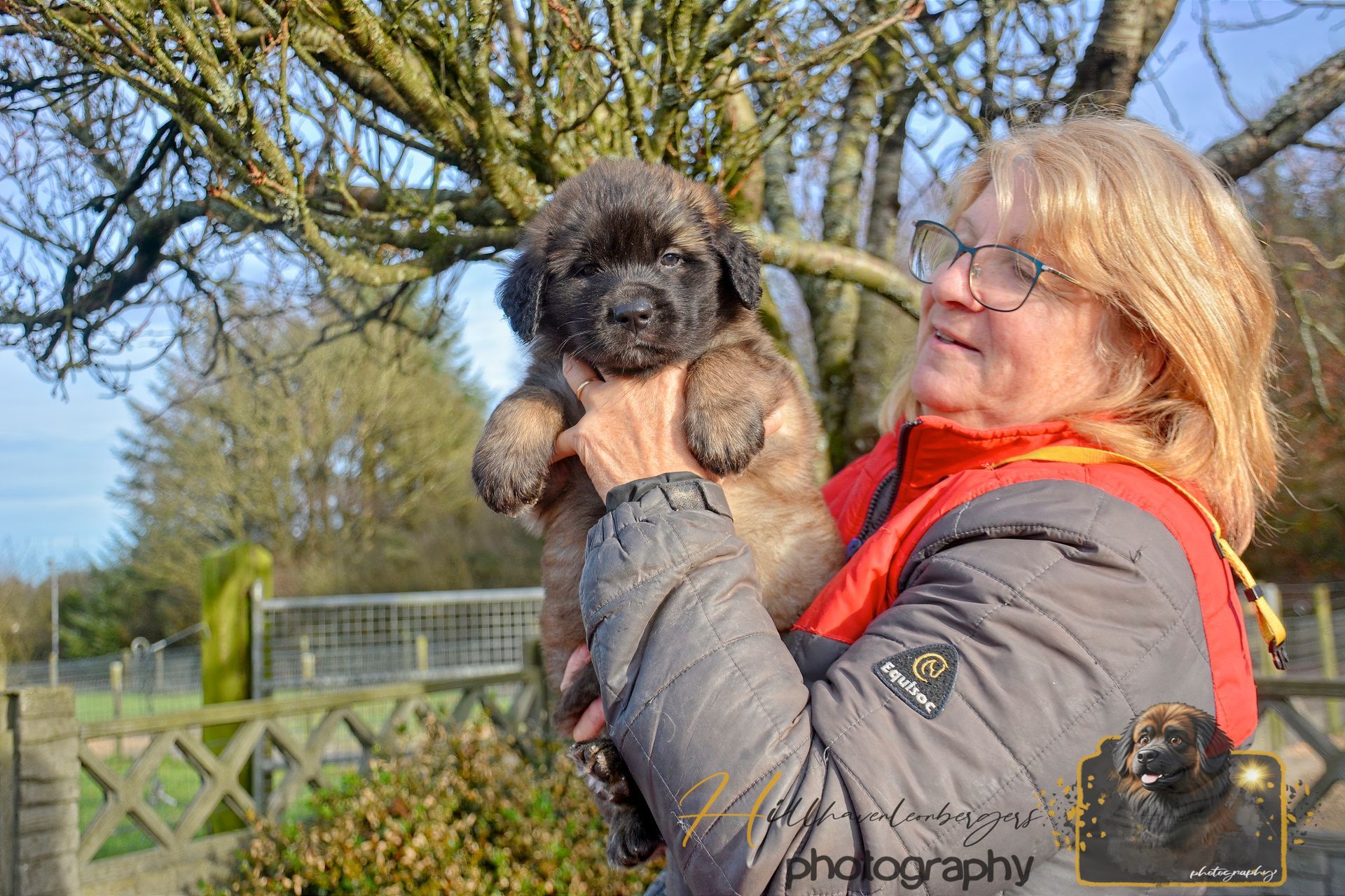Woman holding a small curly black dog outdoors in a sunny garden by a fence and trees