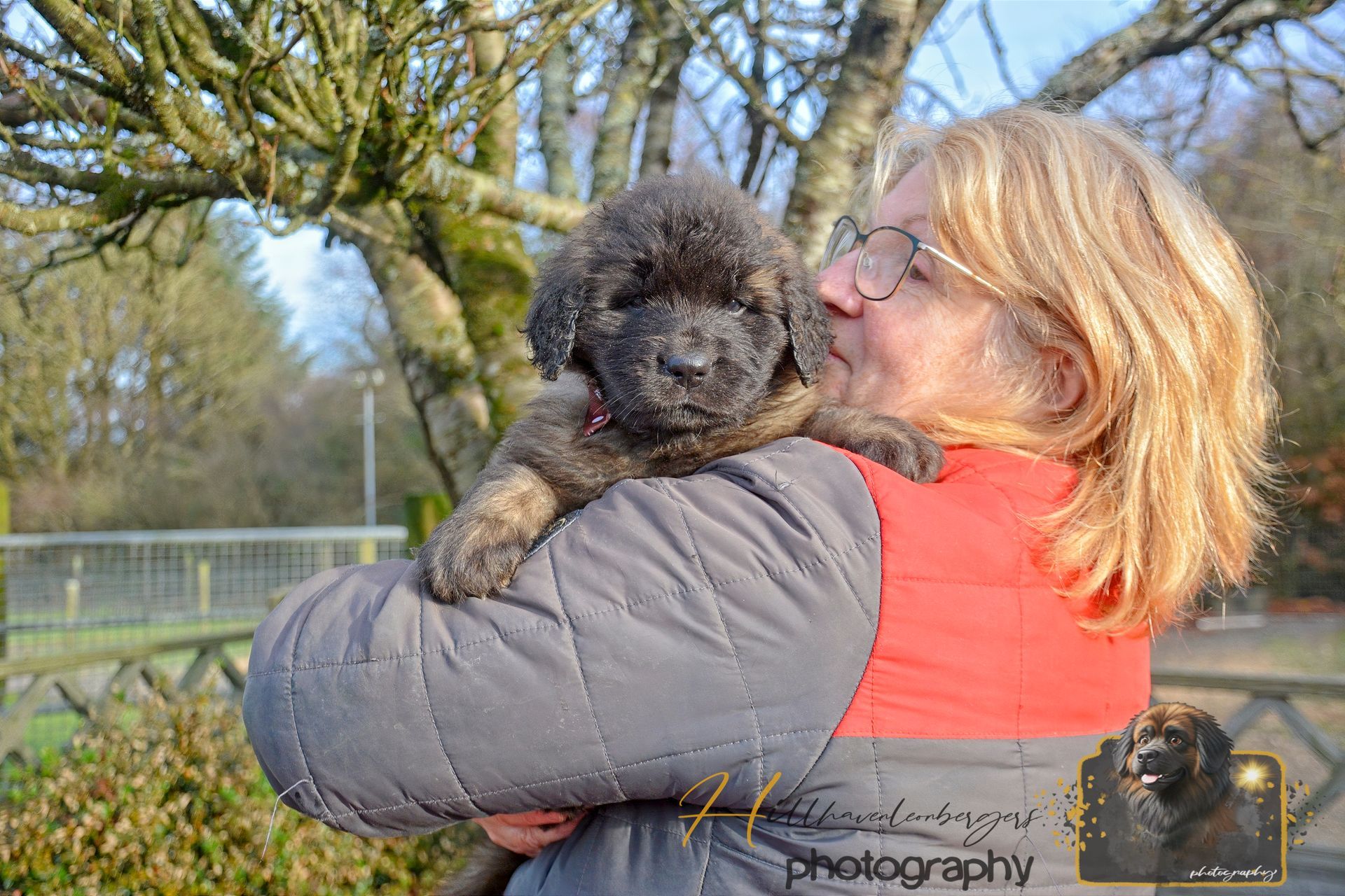 Woman holding a small black dog outdoors in a sunny park