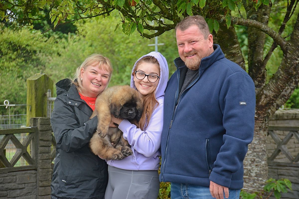 Three people outdoors holding a fluffy dog, smiling in a green garden.