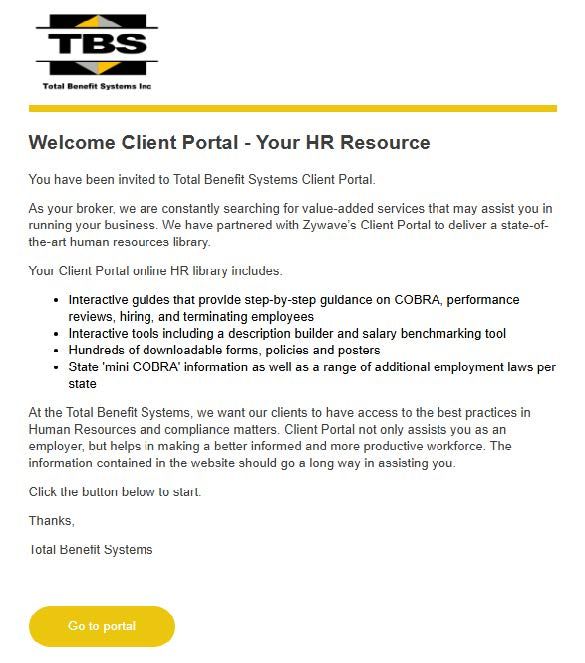 A welcome client portal for tbs is shown on a white background