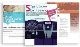 A group of brochures about insurance are sitting on top of each other.