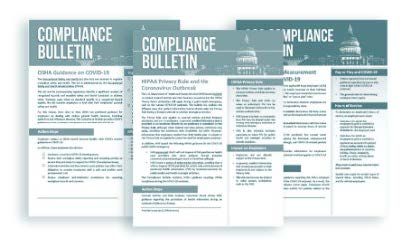 Three compliance bulletins are sitting next to each other on a white surface.