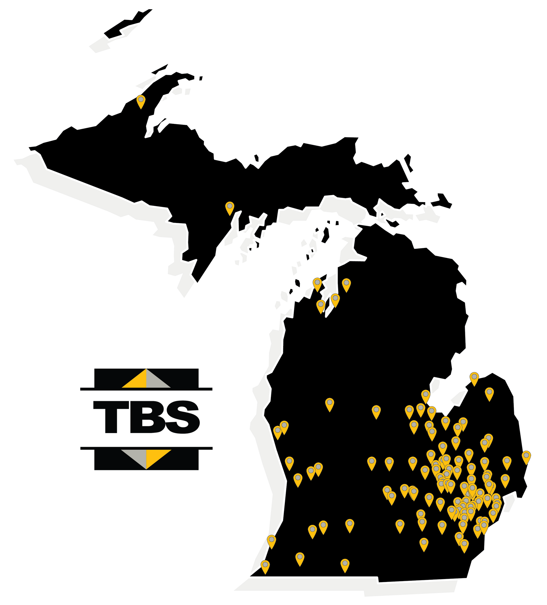 Map of Michigan with client location pins around it