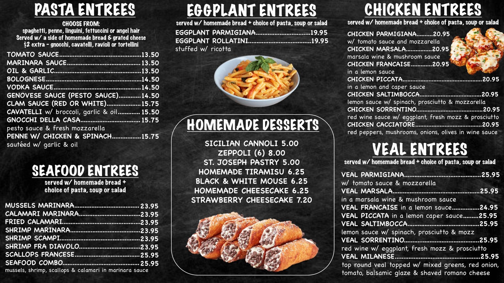 Pasta, chicken, veal and seafood menu at Edison Pizza in Edison NJ