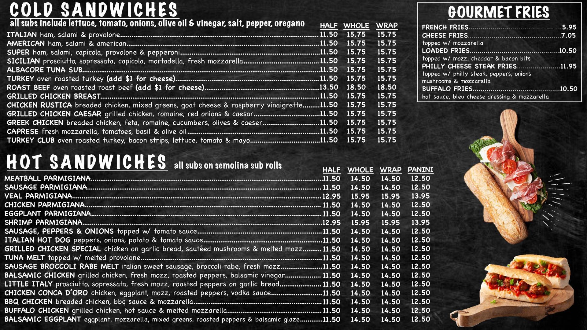 Hot and cold sandwich menu at Edison Pizza in Edison NJ