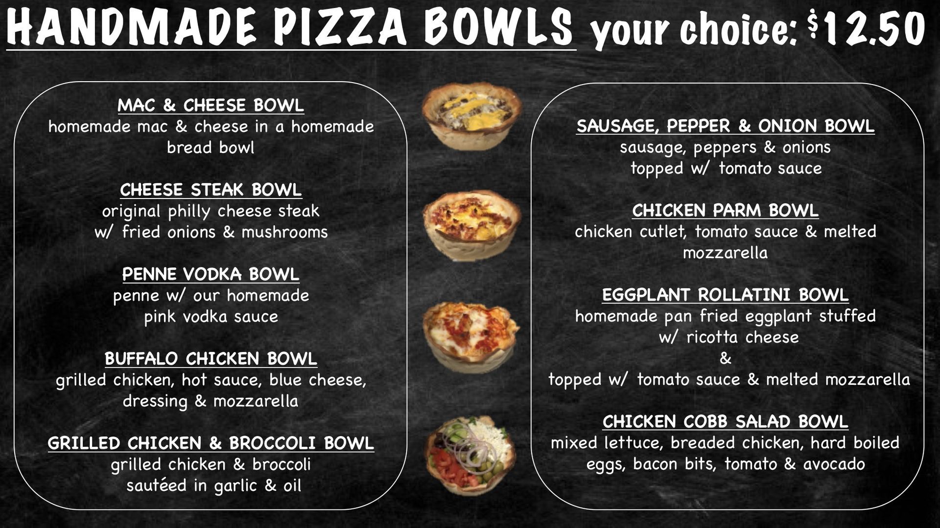 Handmade pizza bowls menu at Edison Pizza in Edison NJ
