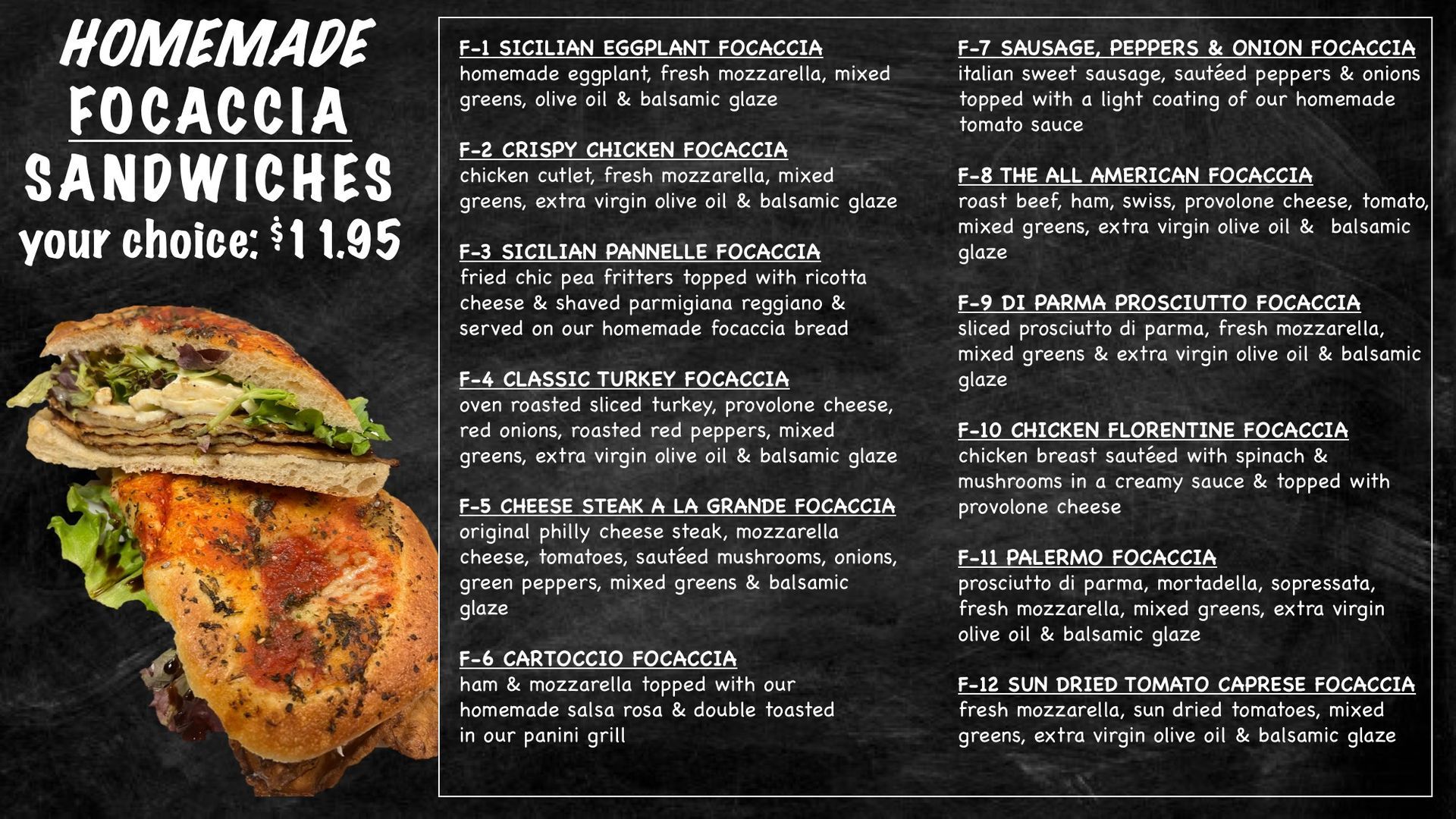 Homemade focaccia sandwich menu at Edison Pizza in Edison NJ