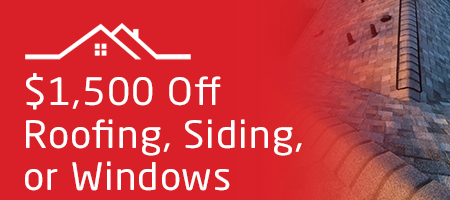 Red banner offering $1,500 off roofing, siding, or windows. A white house outline graphic sits atop the text.