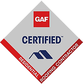 GAF Certified Residential Roofing Contractor badge; gray diamond with red border, blue roof icon, and 