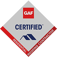 GAF Certified Residential Roofing Contractor emblem in red, gray, and blue. Includes the GAF logo and the word